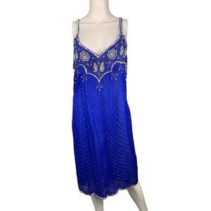 Vintage Sequence Blue Dress Silk Royal Blue Pull Over Flapper MIDI‎ By Nikhil
